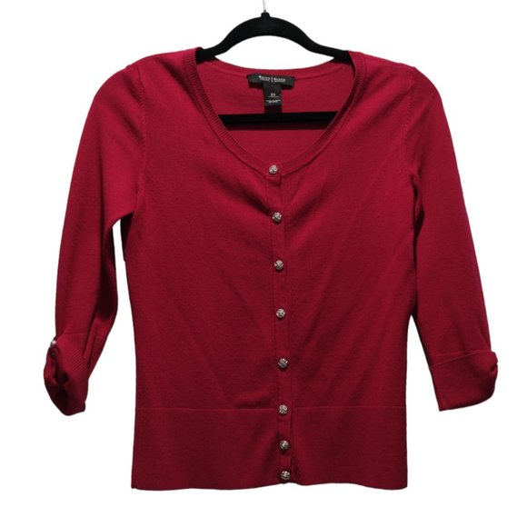 Red White House Black Market Cardigan with Rose Buttons - Picture 2 of 3